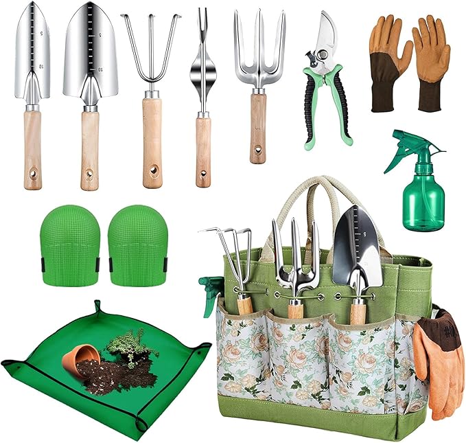 2026 Upgrade 11-Piece Gardening Tools for Women with Gardening Knee Pads and Repotting Mat Heavy Duty Stainless Steel Gardening Hand Tools Durable Garden Supplies Kit Ideal Gifts for Men Gardeners