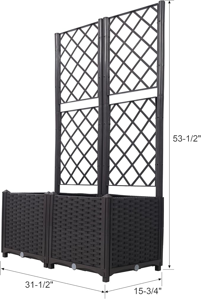 53.5 H Horticulture Garden Planter with Trellis Poly Rattan Brown Trellis Raised Bed with Drainage Plug for Climbing Plants/Vines Raised Garden Bed Garden Planter Box for Flowers Herbs Brown