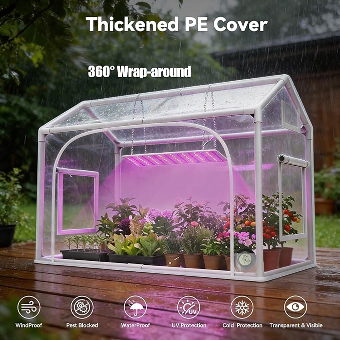 Mini Greenhouse with Grow Light &amp Timer &amp Hygrothermograph 30x16x20 Indoor/Outdoor Tabletop Greenhouse with 96 LEDs Dimmable Full-Spectrum Lights (3 Colors) for HouseplantsSeedlings Out