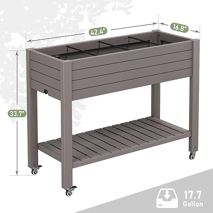 Raised Garden Bed with Wheels Divisible Resin Planter Box with Drainage Gauge &amp Storage Shelf Herb Planter for Garden Patio Backyard Gray (33.7 h)