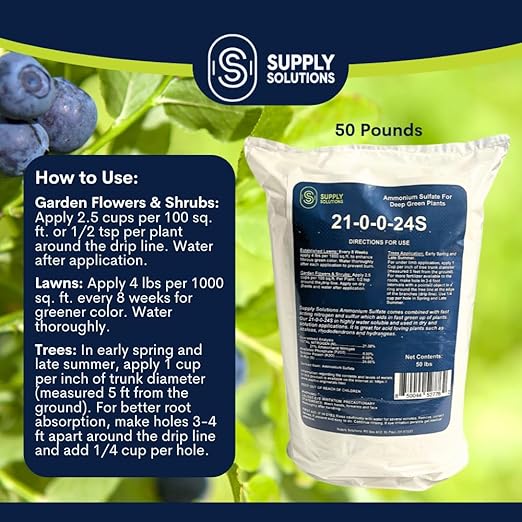 Supply Solutions 21-0-0-24S Ammonium Sulfate for Deep Green Plants - Soil Acidifier for Blueberry Blooms Azalea and Magnolia Tree Fertilizer - Sulfur for Plants Nitrogen Fertilizer (50 Pounds)