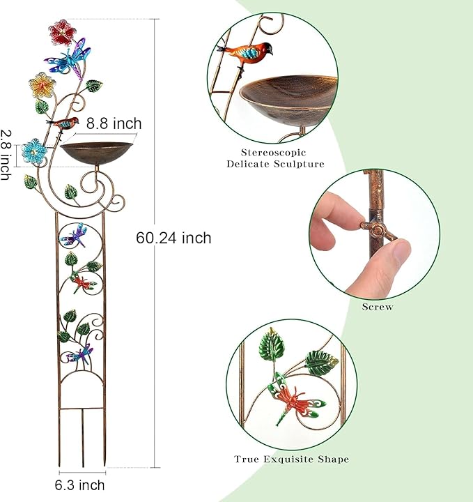 57” Bird Bath with Garden Trellis for Climbing Plants Outdoor Small Decorative Trellises Metal Birdbath Bird Baths 1 Piece (Dragonfly)
