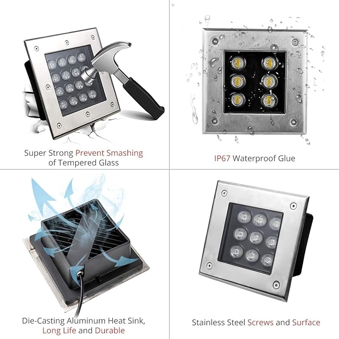 Square LED Recessed Spotlight - Outdoor Waterproof IP67 DC12V Low Voltage for Gardens Terraces Pool Paths Architectural Lighting