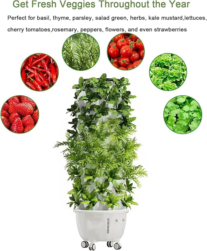 Vertical Hydroponic Grow Tower Aeroponic Tower for Herbs Fruits and Vegetables with Movable Water Tank Hydrating Pump Timer Adapter(Large)