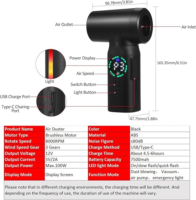 100W Cordless Air Blower Compressed Air Duster Cleaner with Emergency Light Electric Inflator Cleaning Tool Dust Blower