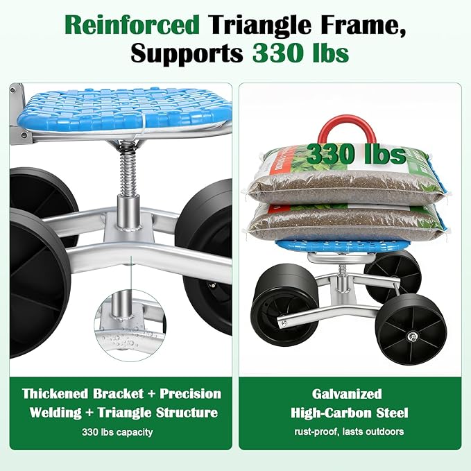 Garden Seat with Wheels 360 ° Rotation and Adjustable Height Rolling Garden Work Seat for Patio Yard Orchard Farmland 3 Wheels