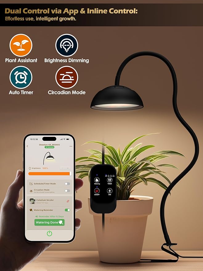 GLOWRIUM Smart Grow Lights for Indoor Plants10W Full Spectrum LED Plant Light with 3/9/12 Timer10 Dimmable LevelsHeight Adjustable Grow Light with Base (Black)