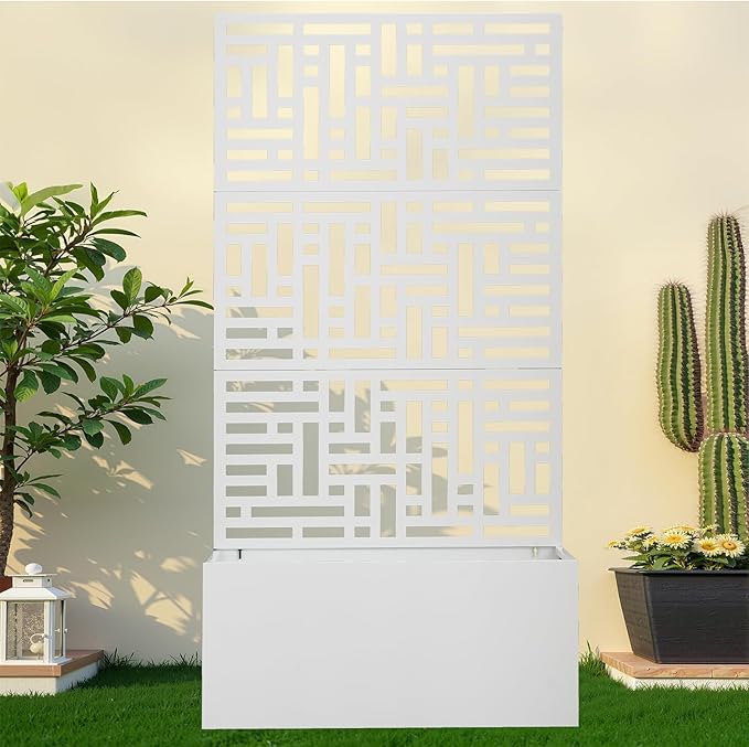 Metal Planter Box with Trellis70 Outdoor Raised Garden BedPrivacy Planters for Patio GardenPlanter Box with Drainage Holes for Climbing Plants (White)