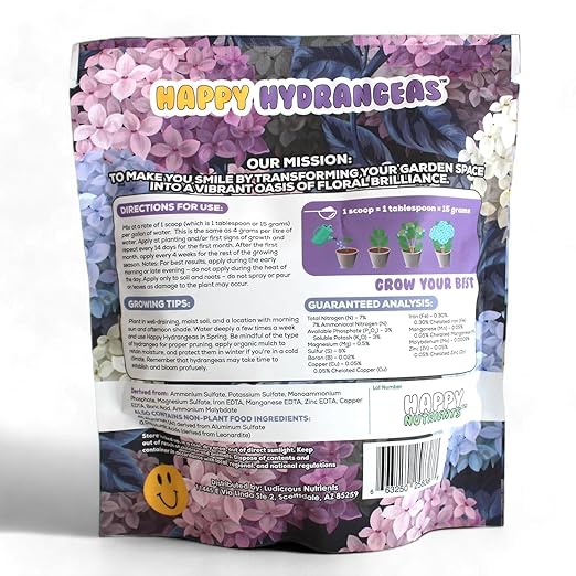 Happy Hydrangeas Fertilizer by Happy Nutrients - Premium 7-3-3 Powder with Micronutrients &amp Humic - Ideal for Hydrangeas Azaleas Rhododendrons Camellias Gardenias and Magnolias - 12 oz