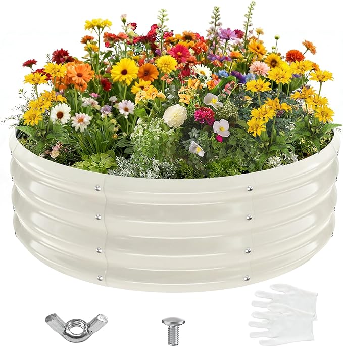 3FT Diameter Galvanized Garden Raised Bed/Plant Box/Fire Pit Ring - 0.8mm Thick12 Inch TallPerfect for Planting a Variety of FlowersHerbsVegetables (Cream White 36 Dia X 12 inches)