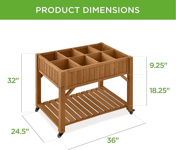 Best Choice Products Elevated 8 Pocket Herb Garden Bed Mobile Raised Customizable Wood Planter for Herbs Vegetables Flowers w/Lockable Wheels Storage Shelf Drainage Holes - Acorn Brown