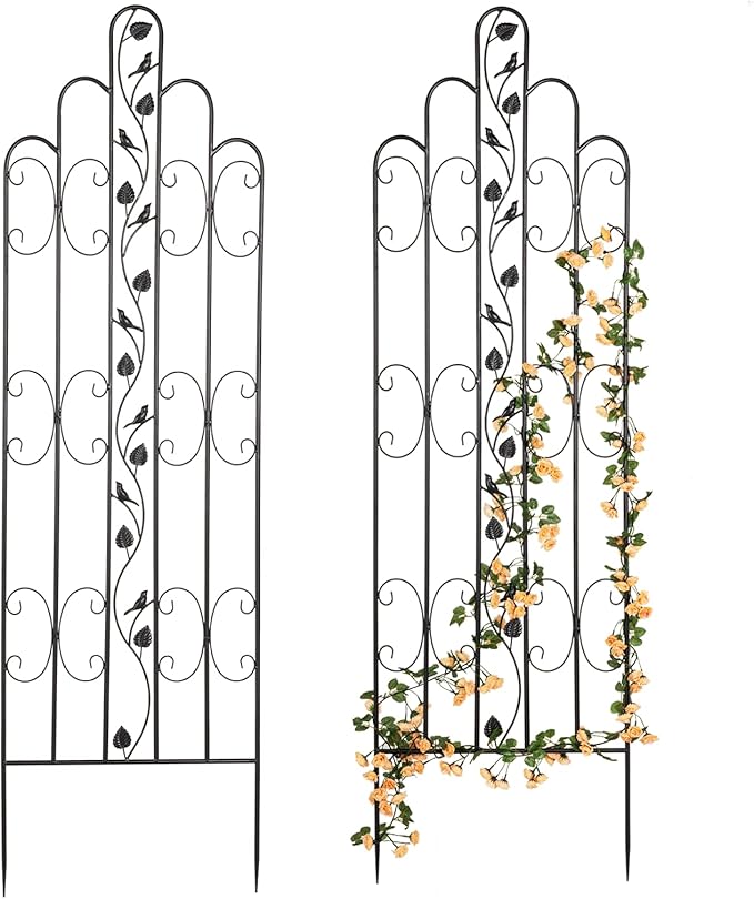 Idzo Decorative Metal Trellis for Climbing Plants Outdoor Anti-Corrosion Powder Coated Garden Trellis Sturdy Long Spikes 71 Inch Black Bird Pattern
