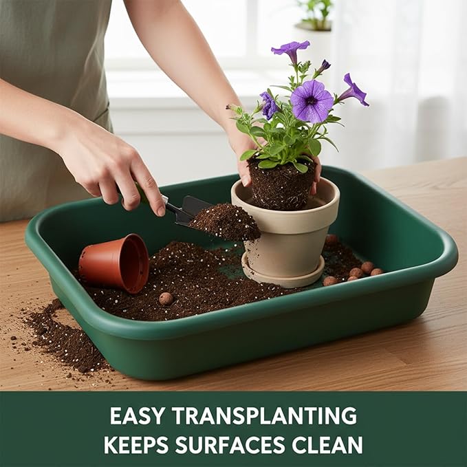 2 Pack Multi-Functional Plant Repotting Tray – Black &amp Green Large Capacity Gardening Tool Heavy-Duty PP for Seedling Pot Moving Soil Mixing Hydroponic/Soil Cultivation Transplanting