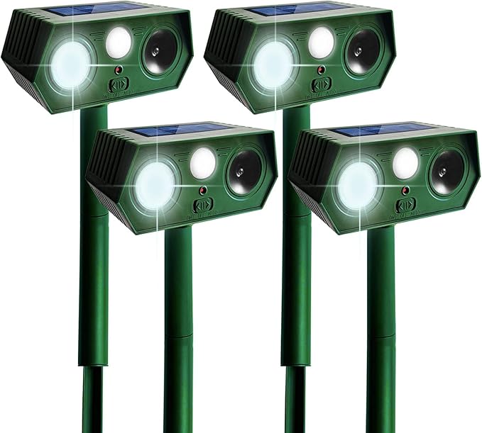 2025 Deer Repellent Devcies Solar Ultrasonic Animal Repellent Outdoor Waterproof Rabbit Repellent with PIR Motion Detection Flash Light for Dog Cat Bird Squirrel Skunk Raccoon for Yard (4 Pack)