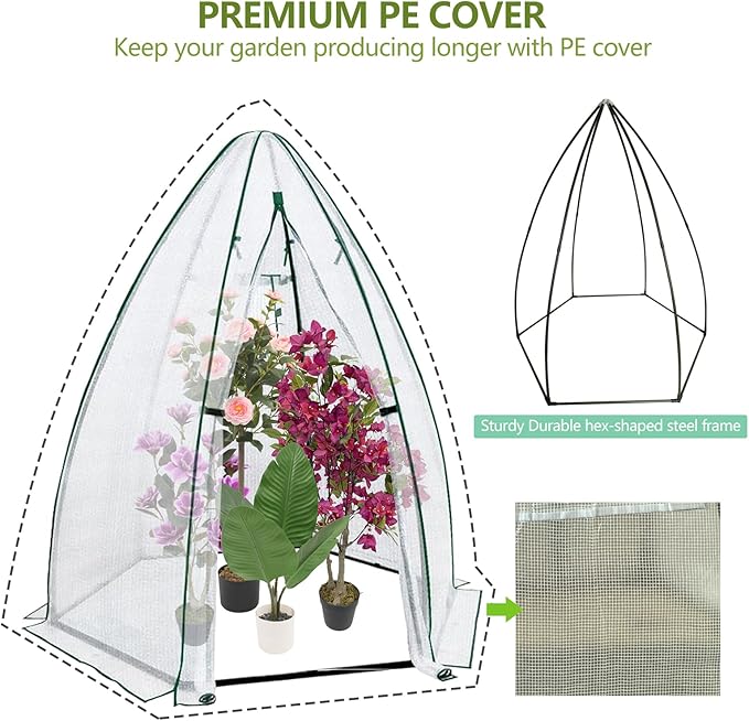 Portable Greenhouse for Outdoor Plants Heavy Duty Hexagonal Green House with Durable PE Cover Zippered Door Mesh Window Plant Protector From Animals Weather for Vegetables Flowers Fruits Herbs
