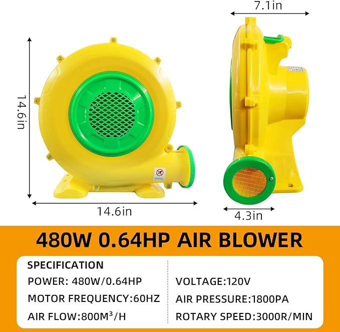 480W 0.64HP Air Blower QILEBA Powerful Inflatable Bounce House Blower Portable Electric Blower Fan Pump Perfect for Inflatable Bounce House Bouncy Castle Jumper Water Slid Blower Corded (480W)