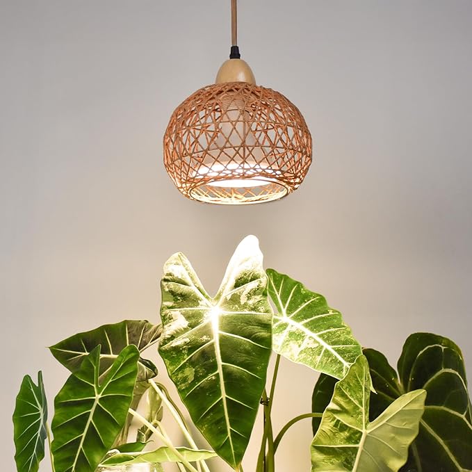 Bstrip Hanging Grow Lights for Indoor Plants 18W Full Spectrum Plant Light with 4H/9H/14H Timer 15.9 FT Power Cord &amp Boho Rattan Shade 3800K Hanging Lights for Indoor Plant Tall Plant Flowers