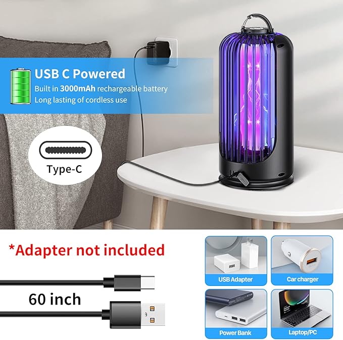 Bug Zapper for Indoor Outdoor Mosquito Trap Cordless Rechargeable Mosquito Trap with 4000mAh Battery Electric Pest Control Insect Fly Zapper Ideal for Home Patio Camping and Backyard