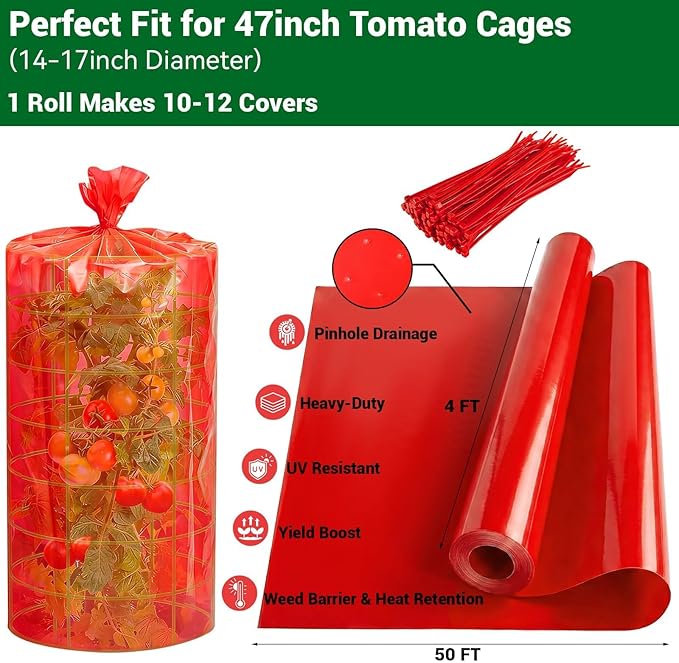 Red Greenhouse Film for Tomatoes 4Mil 4x50FT Tomato Cage Covers with Cable Ties UV Resistant Red Plastic Film for Early Harvest Easy DIY Installation Protect Plants Against Pests and Harsh Weather
