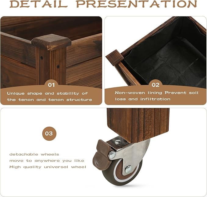 Raised Garden Bed 41x21x20-inch Mobile Elevated Wood Planter Lockable Wheels Outdoor Wood Elevated Planter Box Kit Customized for Children（Brown）