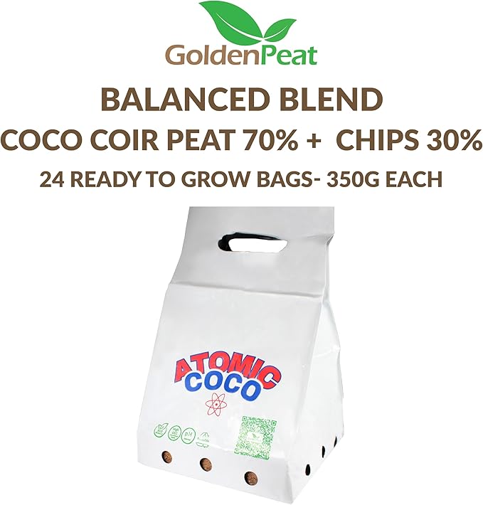 Balanced Blend Ready to Grow Bag - Peat(70%)+Chips(30%). No perlite required. Medium EC Coco peat block (24 X 2lb) - Engineered for herbs &amp hydroponics. Transform into 48L of fluffy nutrient-rich