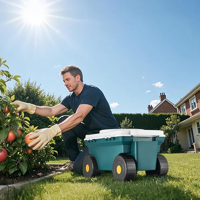 VEVOR Garden Scooter with Seat 2 in 1 Rolling Garden Cart with Storage Bin Supports up to 227 lbs Outdoor Wagon with Handle Lightweight Storage Gardening Stool for Yard Weeding Planting