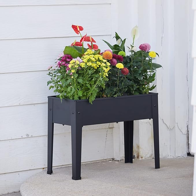 Raised Garden Bed Elevated Planter Black Metal Plant Box with Legs Standing Garden Stand Drainage Holes Black(24 L x 11 W x 18 H)