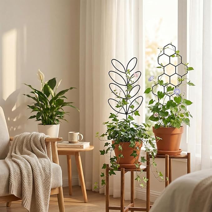 6 Pack Plant Trellis Indoor Black Metal Leaf Honeycomb Shape Trellis for Potted Plants Trellis for Garden Potted Plant Climbing Plants Indoor
