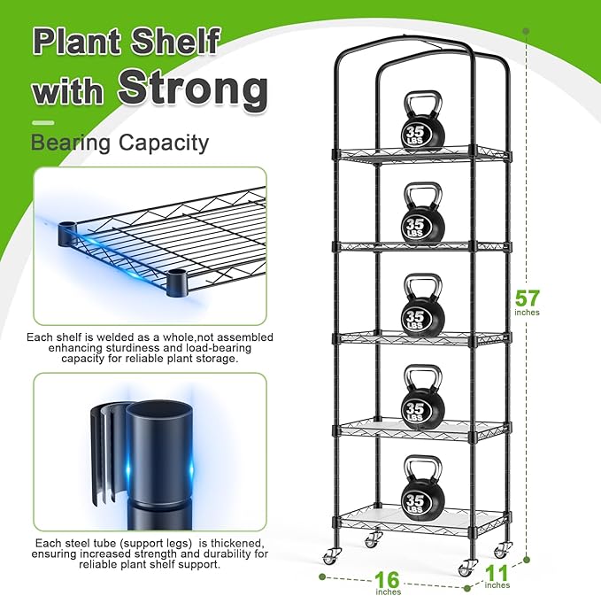 Abimars 5-Tier Mini Greenhouse with Grow Light Shelf Height Adjustable Metal Plant Shelf with PVC Cover and Wheels Includes 4-Pack Full Spectrum Plant Lights 11x16x57inch