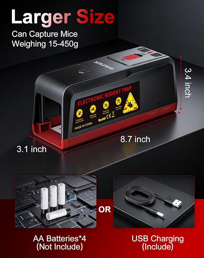 Electric Mouse Trap Zapper Large High Voltage Instant Kill Rat Trap Reusable Humane Mouse Trap No-Touch Electronic Mice Traps Effective Mouse Traps Indoor for Home Kitchens Garages Red 1PCS