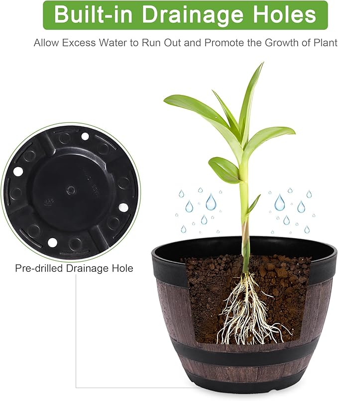 VECELO Plant Pots with Drainage Holes &amp Saucer 11.3 Inch Flower Pots with Tray 4 Pack Plastic Whiskey Barrel Planters for Indoor &amp Outdoor Garden Home Plants and Flowers