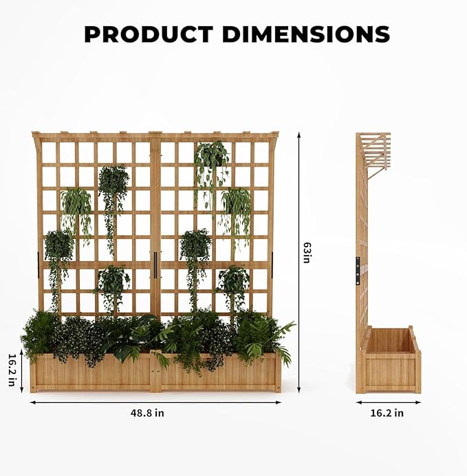 Raised Garden Bed 63 Elevated Wooden Planter Box with Lattice Trellis Wooden Planter Box with Hanging Roof &amp Drainage Holes for Vine Climbing Plants Flower Herb &amp Vegetable