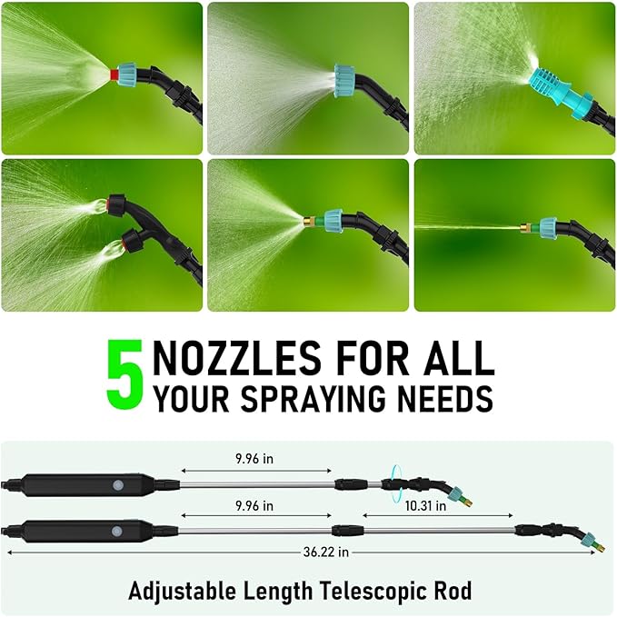 2 Gallon Battery Powered Garden Sprayer Electric Backpack Sprayer Garden Yard Lawn Sprayer with 5 Mist Nozzles &amp Retractable Wand &amp Adjustable Strap for Lawn Weed Yard