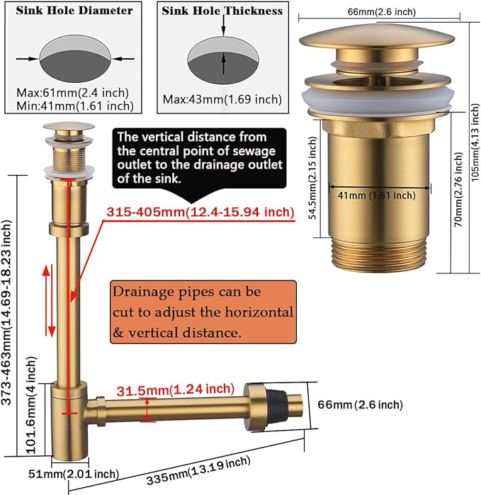RANDOM Brass P Trap with Bathroom Sink Stopper Kit Without OverflowChampagne Bronze U-Shape 1-1/4 inch Sink Trap with 11.6″ Slip Joint Extension TubeAdjustable Height Sink Drain Bottle P-Trap Kit