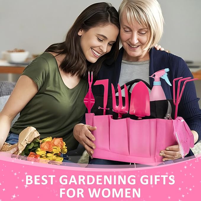 Gardening Tools 9-Piece Heavy Duty Gardening Hand Tools Set (Pink)Stainless Steels and Reinforced Garden Supplies Kit Durable Garden Tools Organizer HandbagIdeal Garden Gifts for Women