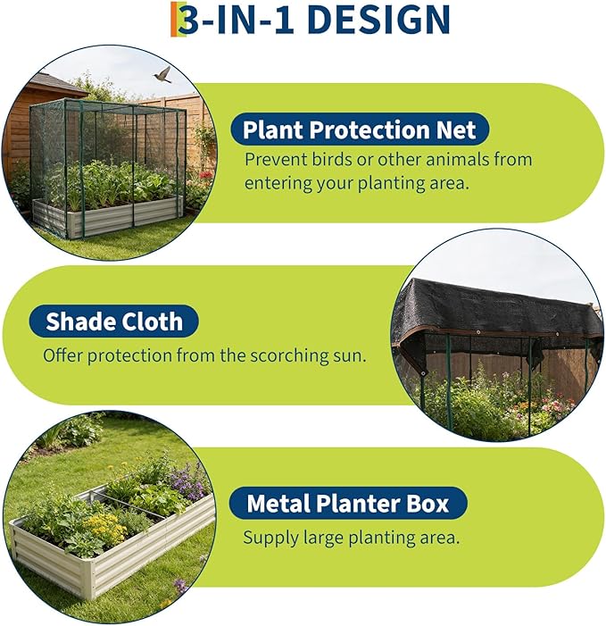 Raised Garden Bed with Plant Netting Cover 8 x 4 x 1 ft Garden Bed Cover with Zippered Door Shade Canopy &amp Frame Easy to Install for Vegetables Fruits