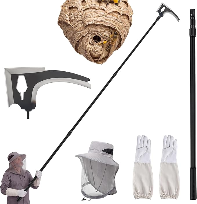 3 PCS Wasp Nest Removal Tool Set 100 Inch Extendable Pole with 3-Edge Scraper Beekeeper Hat &amp Leather Gloves for Safe Removal of Hornet Wasp &amp Bee Nests