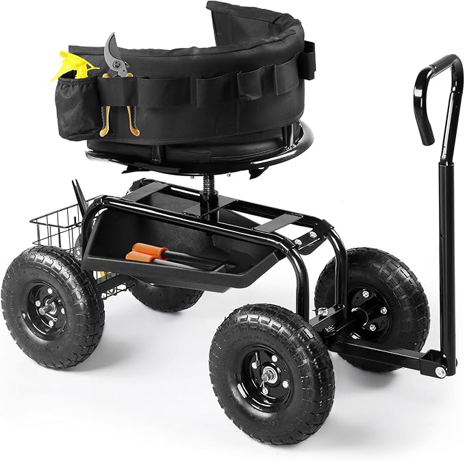 Rolling Garden Cart Rolling Workseat with 4 Wheels Tool Tray Removable Cushion Storage Basket Handles Adjustable Height &amp 360 Swivel Work Seat Gardening Stool for Patio Lawn Garden Yard Bl