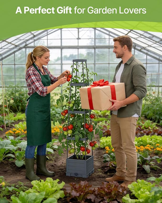 Suteck Raised Garden Bed Planter Box with Trellis 2-Pack Self-Watering Tomato Planter with Adjustable Height Steel Support Frame for Climbing Plants Tomato Cages for Patio Balcony &amp Outdoor