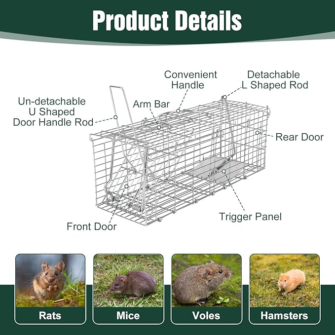 Humane Rat Trap Mouse Traps Work for Indoor and Outdoor 14x5x8 Inch Small Rodent Chipmunk Squirrel Trap and Other Live Animal Trap Cage Catch and Release for Kitchen Yard Garage