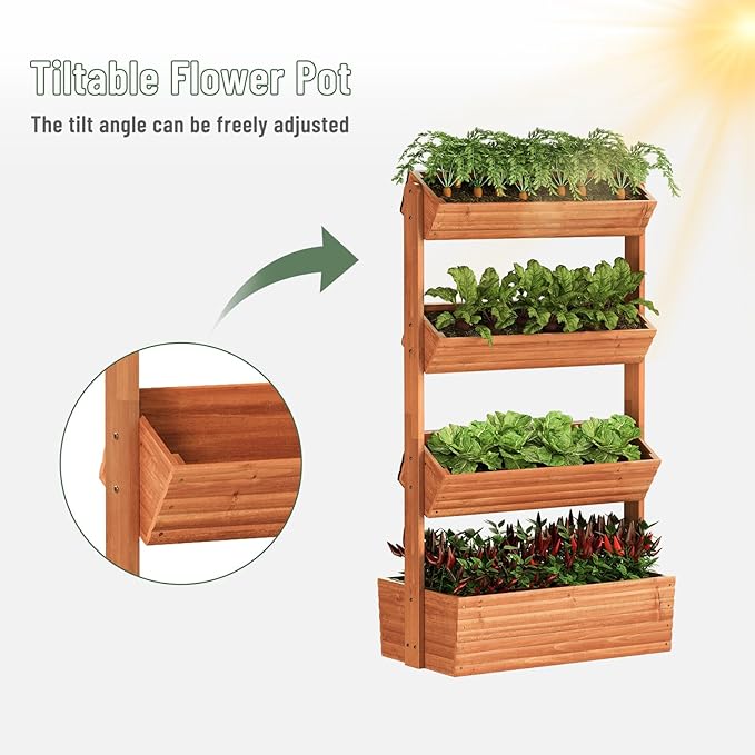 Vertical Wooden Raised Garden Bed Garden Planters Freestanding Wood Plant Stand Flower Rack Wooden Planter Box for Plants Herbs Flowers Vegetables Outdoor Indoor Gardening (4-Tier Brown)