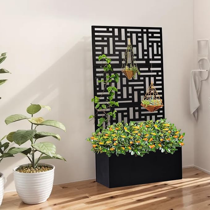 48 Outdoor Garden Flower Standing Planter BoxMetal Planter Raised Garden Trellis BedIndoor Outdoor Flower BedVertical Flower Pot Standwith Drainage Holesfor Patio Porch Yard Balcony (Black)