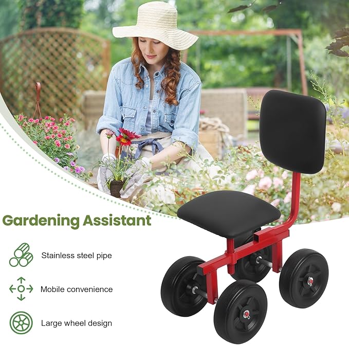 Garden Cart with Wheels Adjustable Height Rolling Garden Stool with Backrest for Seniors Portable Gardening Stool &amp Outdoor Work Chair 120kg Capacity Use for Patio Yard and Outdoors (Black)
