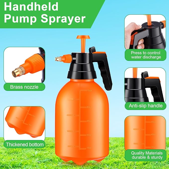 Nuogo 3 Pcs Handheld Pump Sprayer 2L Manual Garden Pressure Sprayer Pump Spray Bottle with Adjustable Brass Nozzle for Lawn Plants Weeds Spraying Watering(Orange)