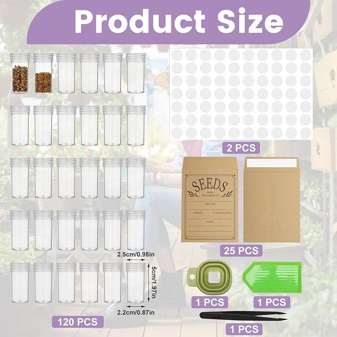 120 Slots Seed Storage Box with 25 Envelopes and Tools Large Sturdy Storage Organizer for Garden Plant Seeds Seed Bank with Zipper Label Funnel Tweezers Tray (Seeds Not Included)