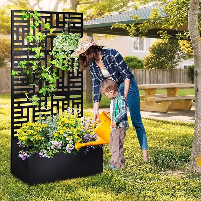 Metal Garden Bed with Trellis 70 Inch Height Metal Planter Box with Trellis Garden Box for Climbing Plants Vegetable for Climbing Plants Vegetables Vines Privacy Planters for Patio（Black