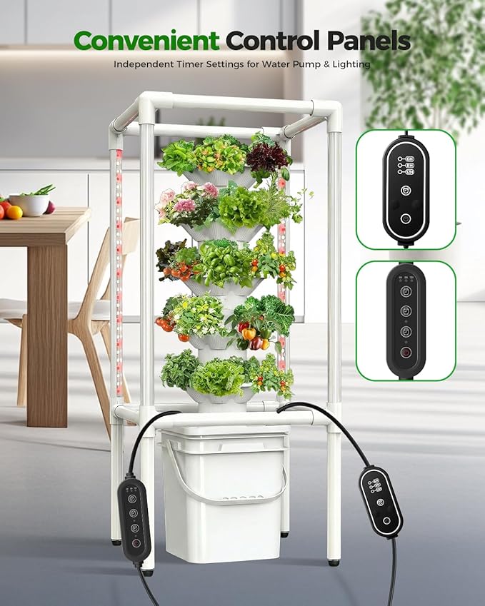 SJZX Hydroponics Growing System Hydroponic Tower with Full-Spectrum Grow Lights 5 Tiers Indoor Outdoor Garden Planter Vertical Home Gardening Germination Kits for Vegetables Fruits Herb (25 Pods)