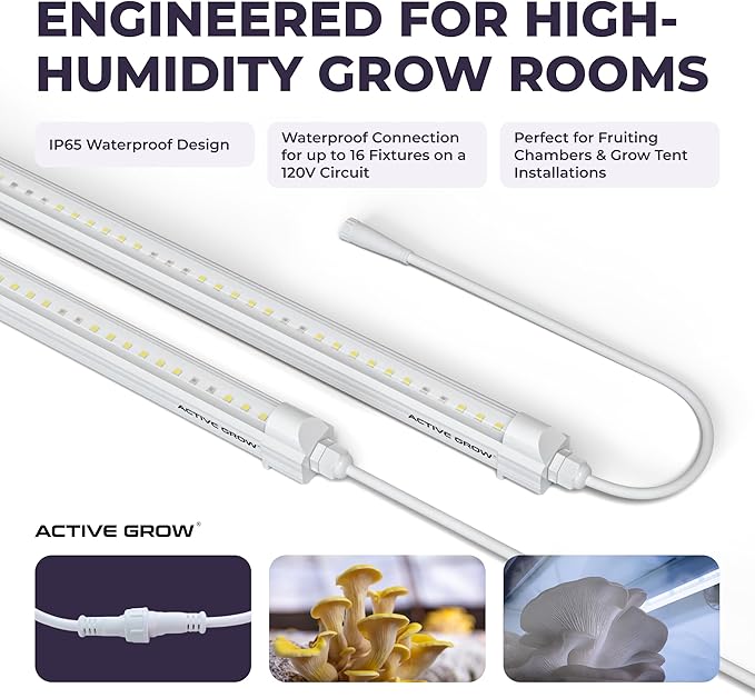 Active Grow Mushroom LED Grow Light – 4FT Blue Sun Spectrum Strip Light – 2-Pack 24W IP65 Waterproof 120-277V Daisy Chain Ideal for Oyster Shiitake Lion’s Mane