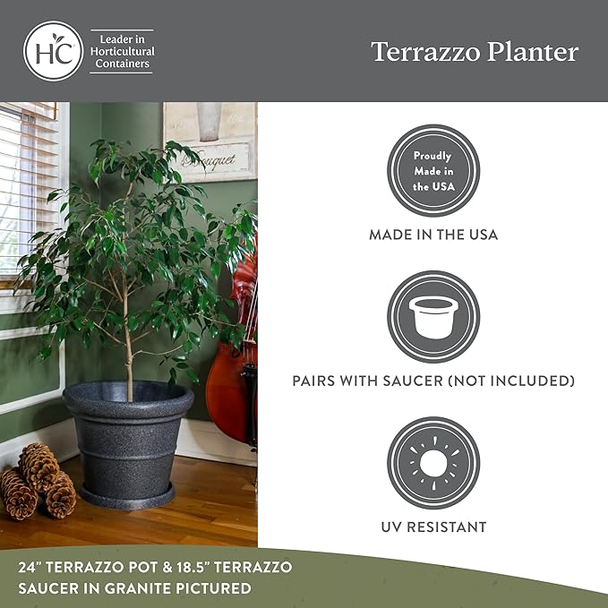 The HC Companies Terrazzo Large Round Plastic Plant Pot w/Rolled Rim - Lightweight &amp UV Resistant Gardening Pot for Herbs &amp More - Outdoor &amp Indoor Plant Pots w/Drainage (30” Sandstone P