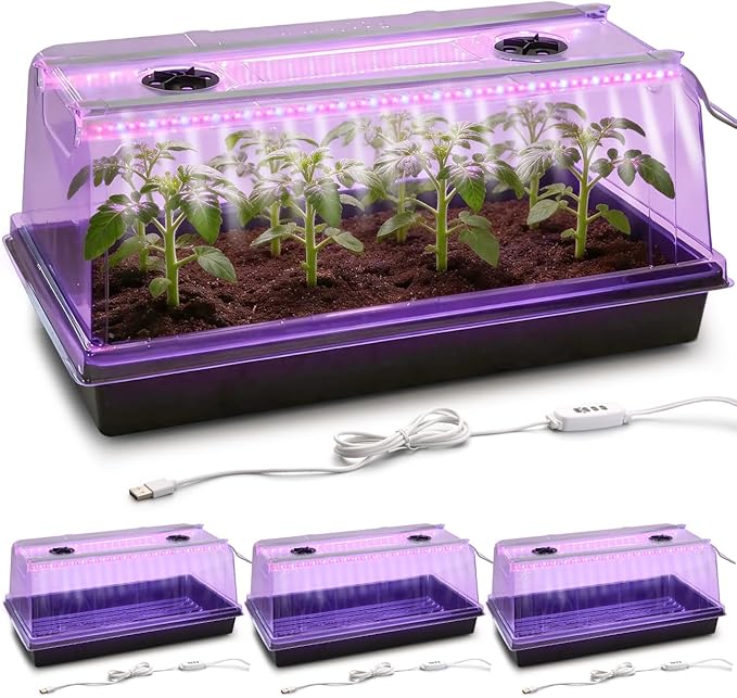 1020 Nursery Tray with Grow Lights - 4-Pack 6.3 Extra High Humidity Dome &amp Heavy Duty Propagation Tray 8-Pack Integrated 96 Full Spectrum LED with Timer/5 Dimmable Levels Reusable Greenhouse Ki